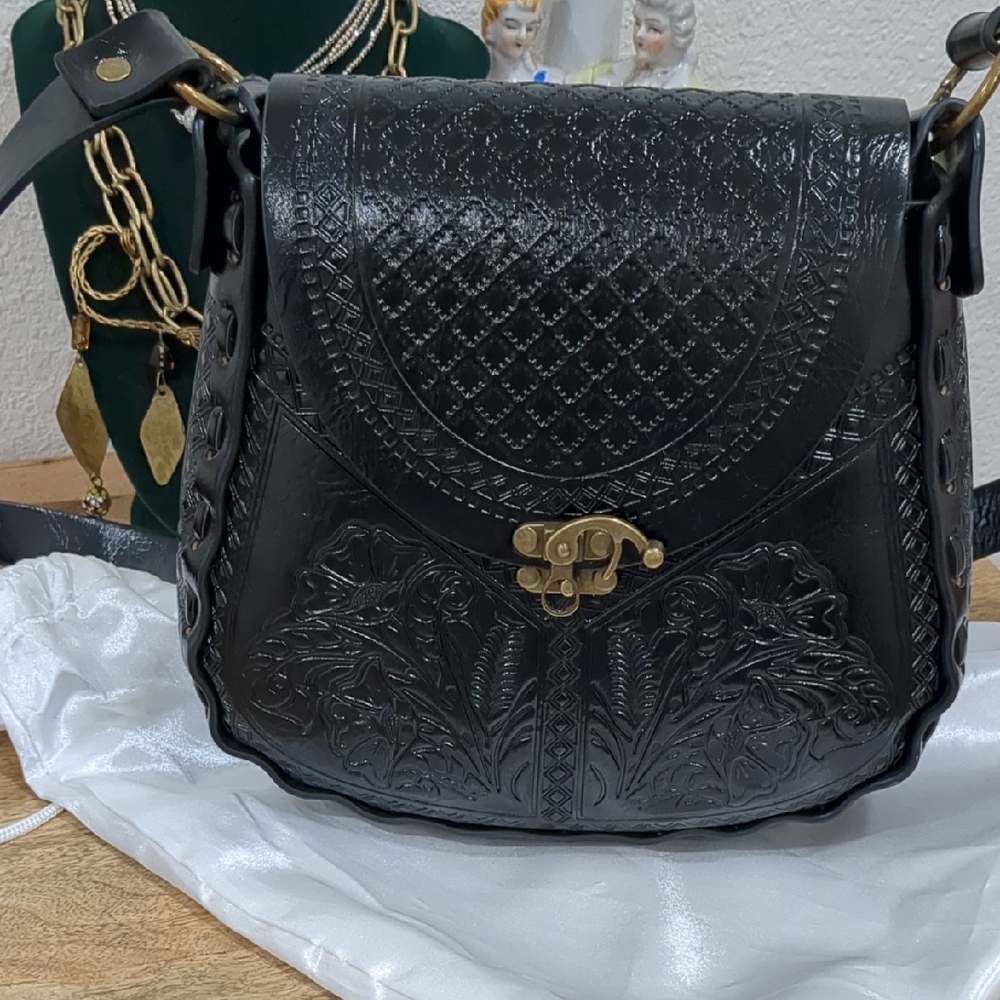 ALMA MIA Faux Leather Tooled  Black Bag
